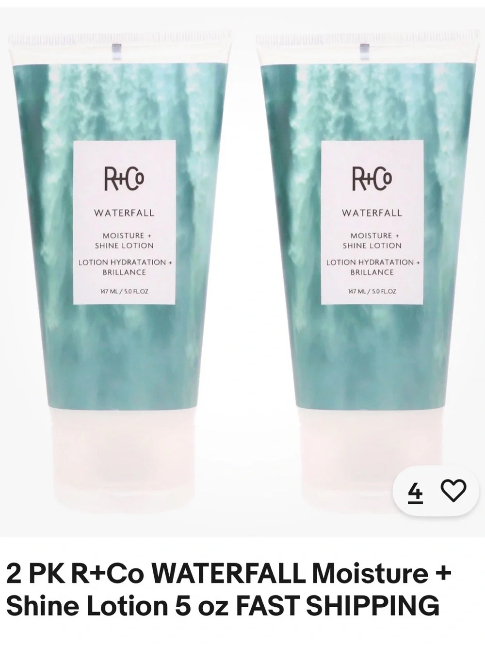 R+Co Waterfall Moisture + Shine Lotion – teal green packaging